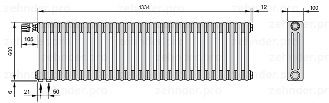 Схема (чертеж) Радиатор Zehnder Charleston 3060/29 №V001 Белый глянцевый RAL 9016